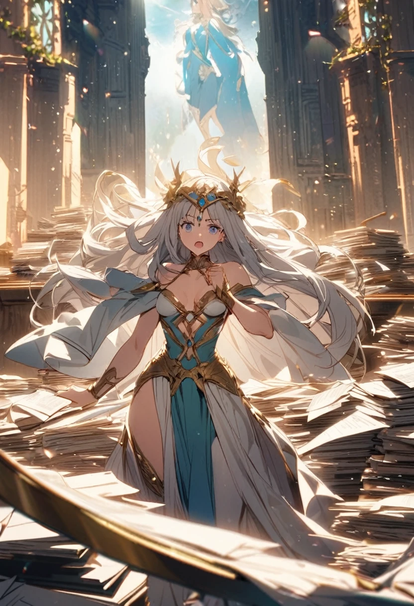 Goddess,  confused,, the desk has a large pile of documents, the gate to another world,