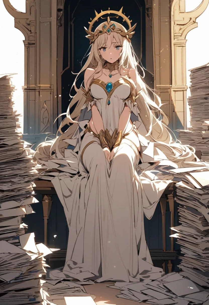 Goddess, confused,, the desk has a large pile of documents, the gate to another world,