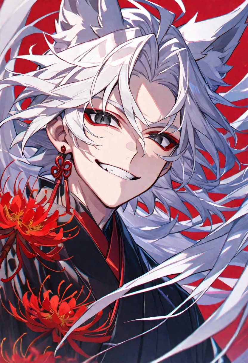 Solo, 1 male, white hair, black eyes, black kimono, fox ears, smile facial, red spider lily, higanbana, red tassel earrings