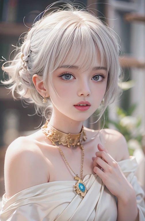 18-year-old, Close up portrait of woman in Ancient Greek clothing、Shoulder out、thin、Serious expression、Short-haired、Deadly position, Gorgeous Necklace, Light milky porcelain skin, Smooth, Translucent white skin, Enchanting anime girl, Beautiful and seductive anime woman, Ultra realistic sweet bunny girl, Pale porcelain white skin, Smooth, Realistic and perfect body, Anime Girl Cosplay, Perfect body with realistic shadows, Gweitz's Masterpiece