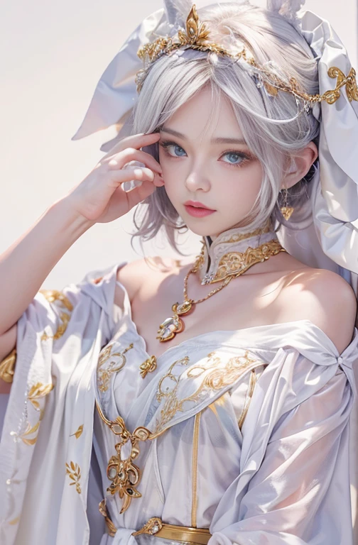 18-year-old, Close up portrait of woman in Ancient Greek clothing、Shoulder out、thin、Serious expression、Short-haired、Deadly position, Gorgeous Necklace, Light milky porcelain skin, Smooth, Translucent white skin, Enchanting anime girl, Beautiful and seductive anime woman, Ultra realistic sweet bunny girl, Pale porcelain white skin, Smooth, Realistic and perfect body, Anime Girl Cosplay, Perfect body with realistic shadows, Gweitz's Masterpiece