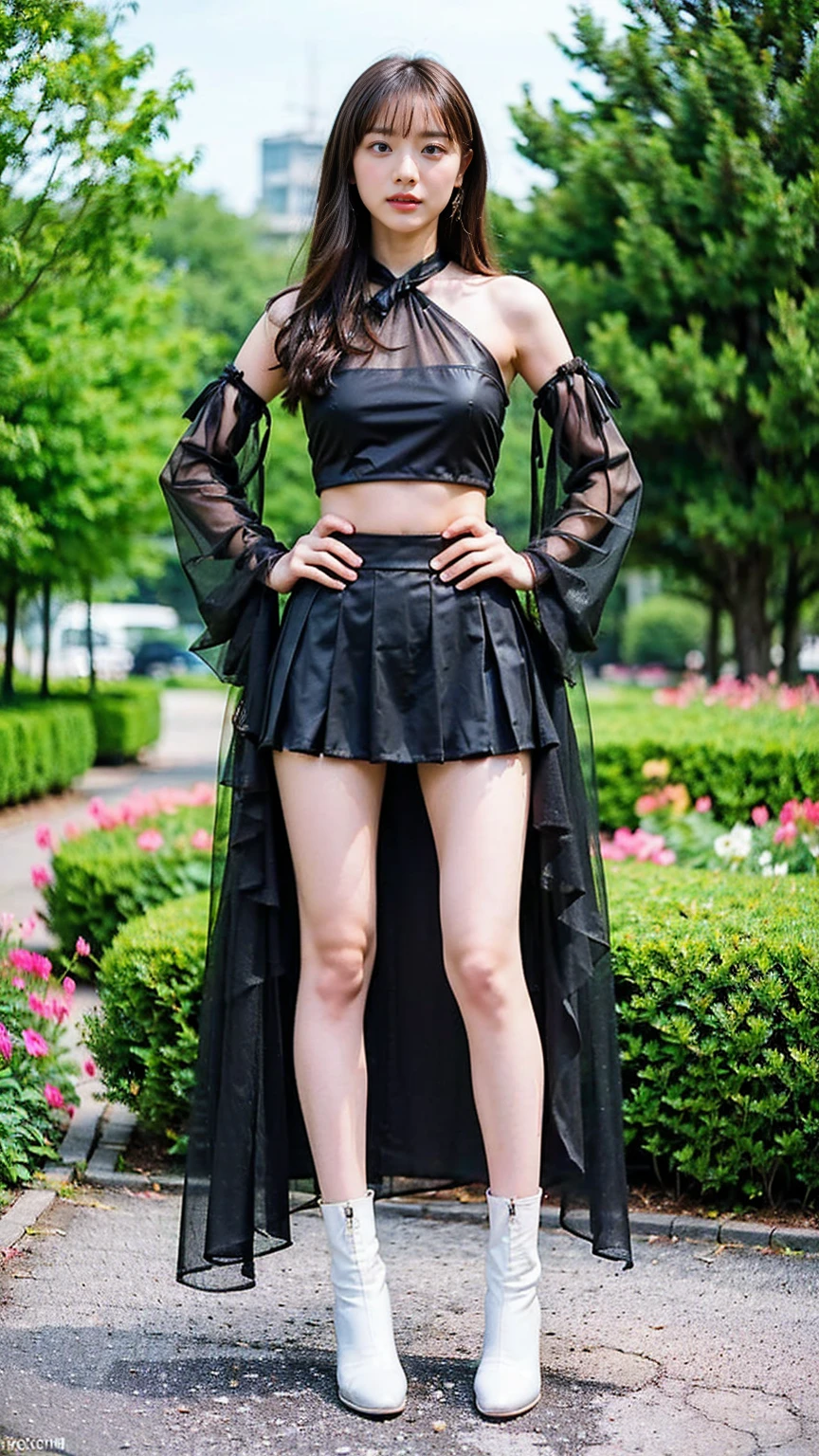 (8K、RAW Photos、Highest quality、masterpiece:1.2)、(Highest quality、Realistic)、1 Girl、((Tube top、mini skirt、Idol Costume、ribbon、Medium Hair、See-through、black、lame、Thin legs、whole body、boots、garden、View from the front、Looking into the camera、Stand with hands on hips))、cute