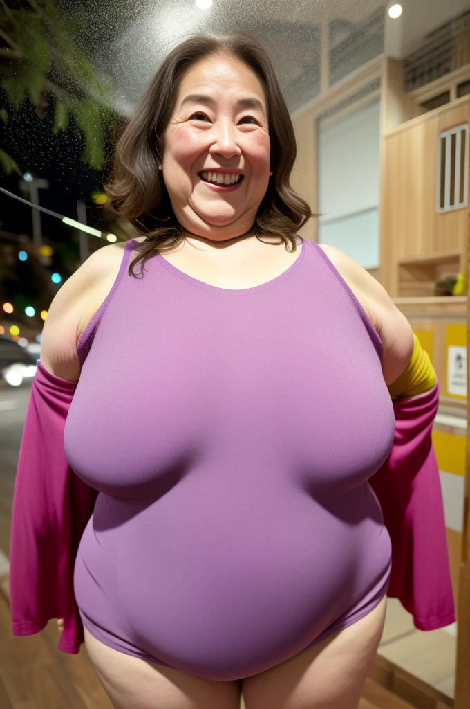 masterpiece, best quality, 16K, city, old woman, happy, smiling, standing, looking at viewer, front view, long hair, wave hair, black hair, eyes open, (enormous massive gigantic breasts:1.28), (wrinkles corners eyes:1.38), (nasolabial:1.38), (old skin:1.38), wrinkles skin, freckled skin, pale skin, (old muscles:1.2), plump, (mini bra), mini string, prostitute clothes, piercing, necklace, freckles, chubby, elderly, old, japanese, outside, in the city, at night, nsfw, full body shot, from front,enormous massive gigantic big large fat absurde breasts 