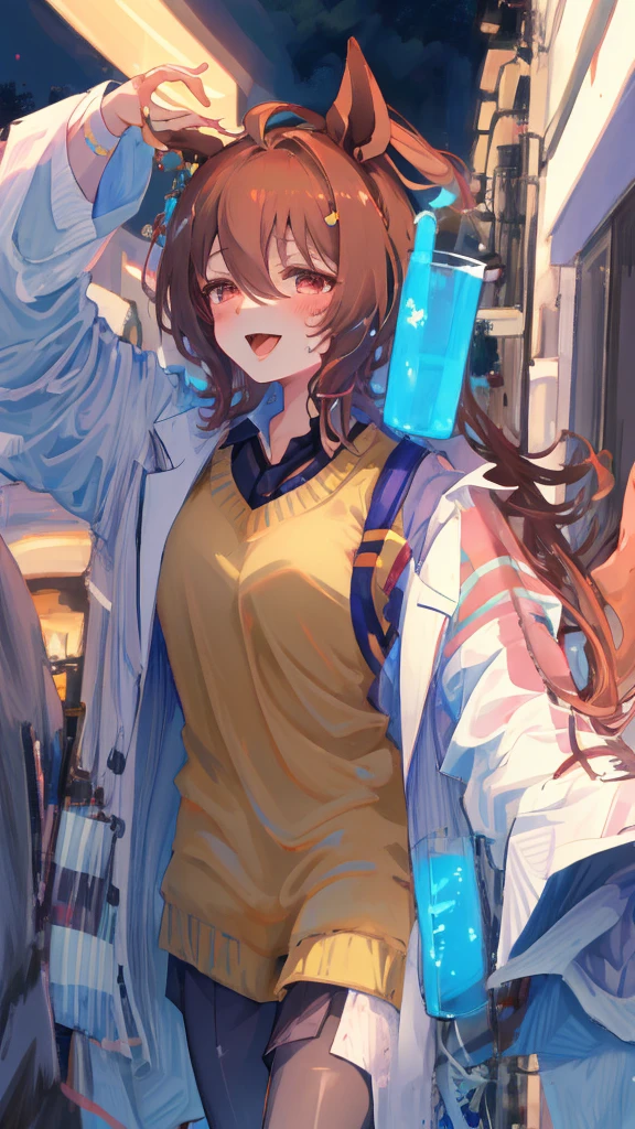 high quality, 8k, seduction of fellatio, (temptation by hand), hand in front of face, pov, strong eyes, side view, profile, 
sticking tongue out, open mouth widely, long tongue, in town, night, 
agnes tachyon \(umamusume\)
, zettairyouiki, blush, lab coat, stocking, sweater, 
gigantic breasts
, 0pen, 
fellatio_gesture, 
FellatioGesture, 

, seductive smile, (looking at viewer:1.4), 
