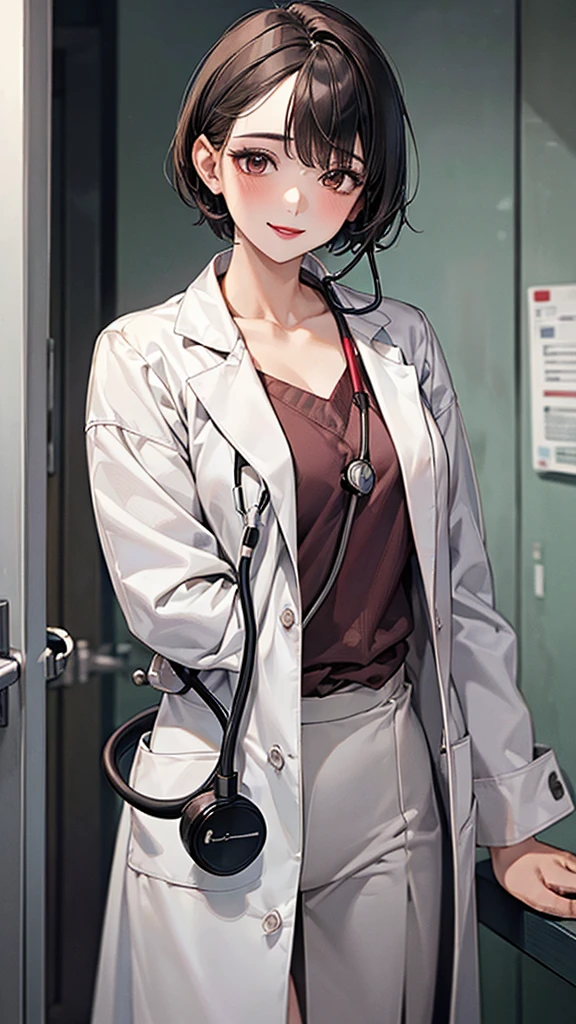 ((masterpiece, best quality, high quality)),1 girl, (Lower Body, hospital), (doctor_, lab coat, stethoscope, doctor),breast，Lipstick，Smile，Brown eyes，Black short hair，There is no sea left in front of the forehead，Upper body close-up