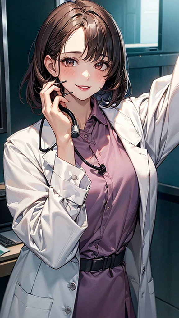 ((masterpiece, best quality, high quality)),1 girl, (Lower Body, hospital), (doctor_, lab coat, stethoscope, doctor),breast，Lipstick，Smile，Brown eyes，Black short hair，There is no sea left in front of the forehead，Upper body close-up