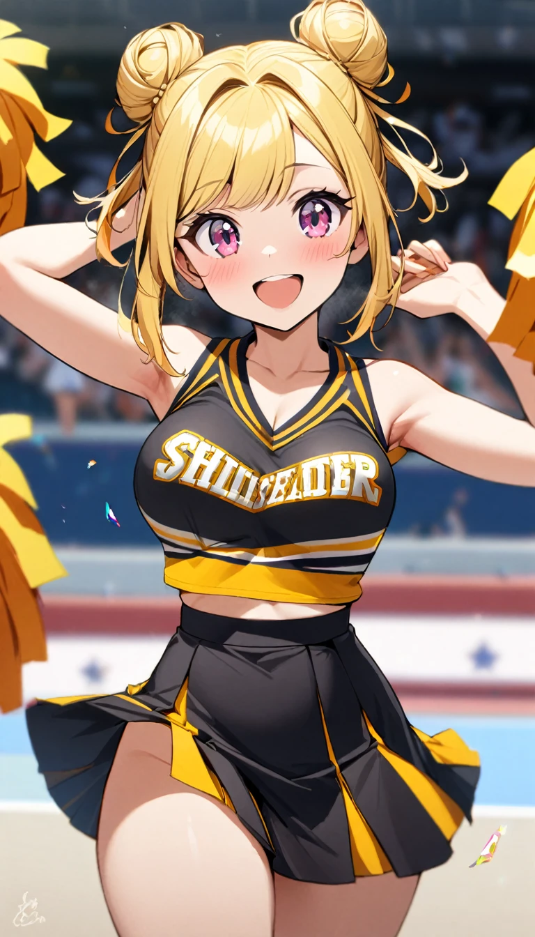 1girl,yellow double hair bun hairstyle,pink eyes,,black high waisted skirt , cheerleader,bright smile, perfect body,curvy