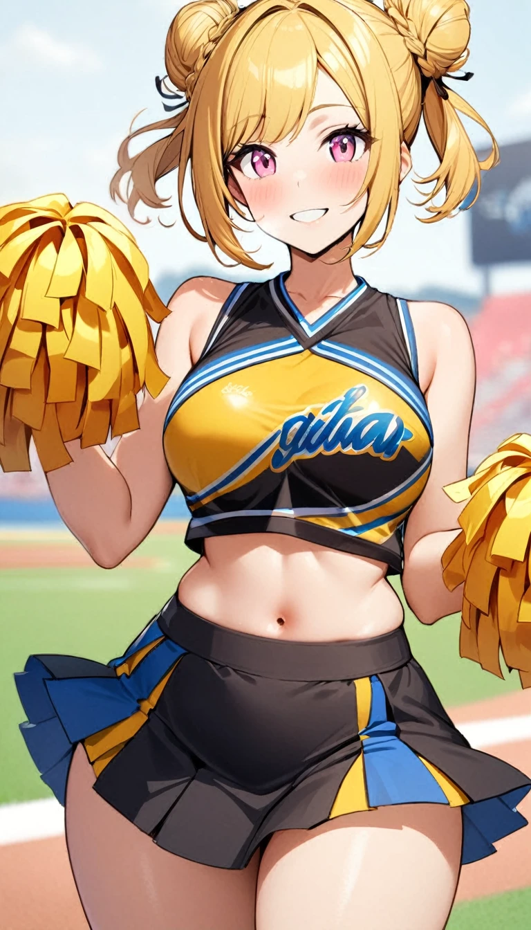 1girl,yellow double hair bun hairstyle,pink eyes,,black high waisted skirt , cheerleader,bright smile, perfect body,curvy