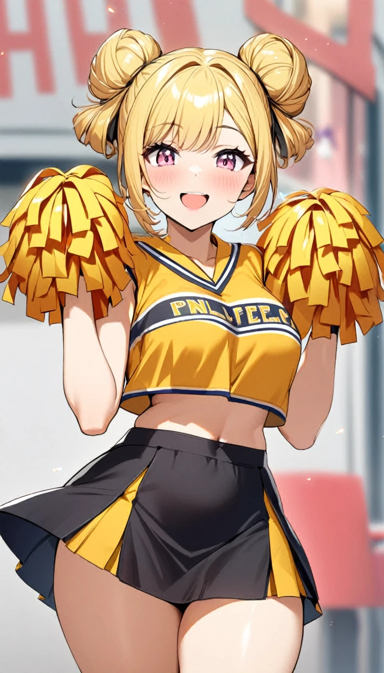 1girl,yellow double hair bun hairstyle,pink eyes,,black high waisted skirt , cheerleader,bright smile, perfect body,curvy