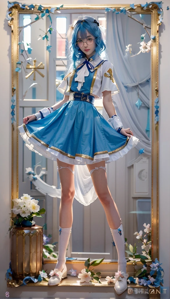 (Sky blue hair),Blue Eyes,Long curly hair,Big wavy hair,Round glasses,Girl,Wear a white cape,No hat,Black skirt,Holding a skirt in hand,Standing,Standing picture,whole body,游戏Standing picture,White background,8K,Correct human body,Detailed eye painting,illustration,Highest quality,Exquisite,Detailed face,Masterpiece,flat chest,Slim,young,,High-end,Hand Painted,Official Fanart, Visual novel, Anime style,Girl浪漫, Produced by Anime Painter Studio,masterpiece, best quality, Sharp focus, Intricate details, Perfect, Golden Ratio Composition, 8K resolution, High resolution, fair, fair sky, Vibrant pastel colors