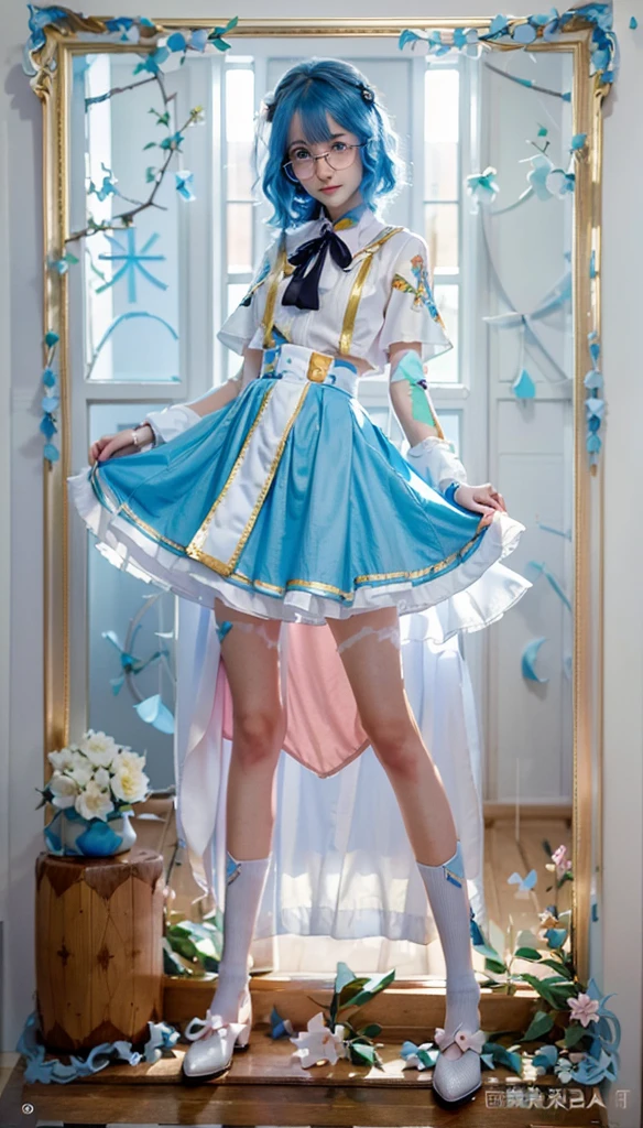 (Sky blue hair),Blue Eyes,Long curly hair,Big wavy hair,Round glasses,Girl,Wear a white cape,No hat,Black skirt,Holding a skirt in hand,Standing,Standing picture,whole body,游戏Standing picture,White background,8K,Correct human body,Detailed eye painting,illustration,Highest quality,Exquisite,Detailed face,Masterpiece,flat chest,Slim,young,16 years old,High-end,Hand Painted,Official Fanart, Visual novel, Anime style,Girl浪漫, Produced by Anime Painter Studio,masterpiece, best quality, Sharp focus, Intricate details, Perfect, Golden Ratio Composition, 8K resolution, High resolution, fair, fair sky, Vibrant pastel colors