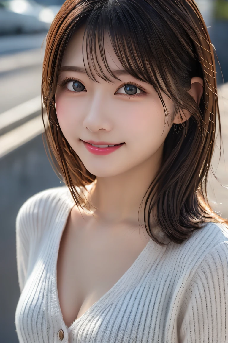 8K、Highest quality、(beautiful)、Precision Eyes、Brown Hair、looking at the camera、Upper Body、Close-up、Soft Breasts、smile、Shot from above、cardigan