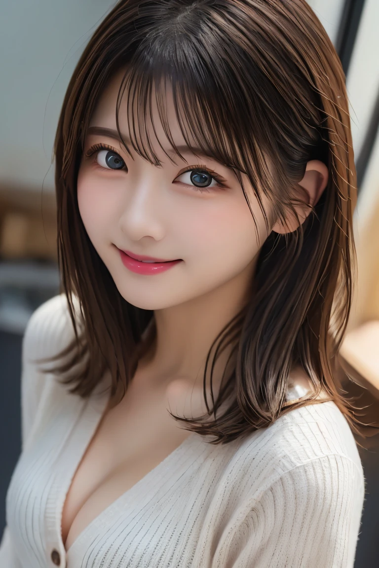 8K、Highest quality、(beautiful)、Precision Eyes、Brown Hair、looking at the camera、Upper Body、Soft Breasts、smile、cardigan