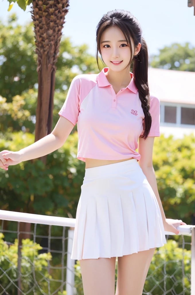 Highest quality,1 Korean beauty 20 years old,Large Breasts,orgasm,blush, Shut your mouth., Sweat,Aoi Tennis, Hair Ribbon, Tennis uniform, Polo shirt, Raglan sleeves, Short sleeve, Pleated skirt, Pink Skirt,((Lift up your skirt,White panties:1.1)),garden