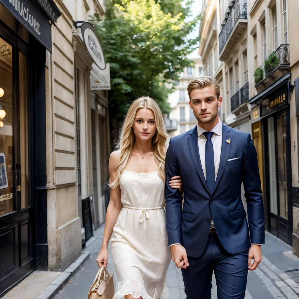 ((best quality)), ((masterpiece)), (detailed), ((couple)) 1woman, very long blonde hair, wearing summer dress, at champs-èlysées, Paris, France, with 1man, ((tall)) , ((muscular)) , dark short hair, wearing summer suit