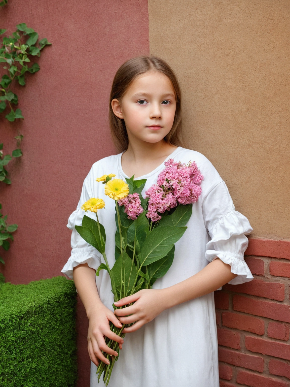 Girl with flowers ,Realistic background with blooming garden, photographic photography, quality,