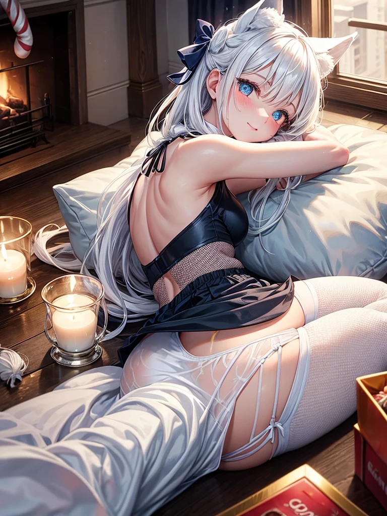 Anime, 1girl, backside view, white hair, sectoral heterochromia (one light blue eye and one dark blue eye), glowing eyes, fishnet leggings, white winter bra, mini-skirt, white underwear, slight smile, blush, cozy house, fireplace, white neck bow, white fox ears, black tight leggings, blue glowing, bedroom, back view, pillows, steaming hot cocoa, candy cane, lit candles, chocolate bar, lying down, Christmas themed,