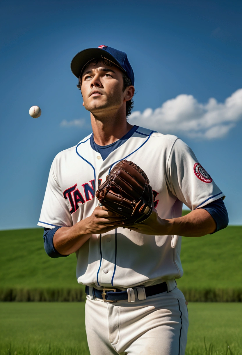 (Baseball Player), A baseball player stands on a vast grassland, his gaze closely following the baseball in the air. His body is light and agile, background is grass and clear sky, highlighting his focused expression, full body, award-winning, cinematic still, emotional, vignette, dynamic, vivid, (masterpiece, best quality, Professional, perfect composition, very aesthetic, absurdres, ultra-detailed, intricate details:1.3)