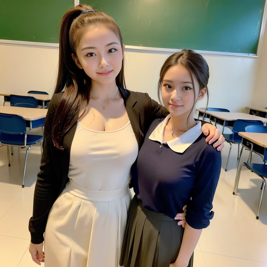 ((Top Quality, 8k, Masterpiece: 1.3)), Pretty Women with Perfect Figure: 1.4, (Big: 1.2), Highly Detailed Face and Skin Texture, Detailed Eyes, High School Students, Uniforms, Blouses, , (Poses at School: 1.2), 1girl, Cinematic, Full Body, Japan Goddess, Ponytail, Smile, There Are Students, People Are Being Watched, Waist Wriggling Poses