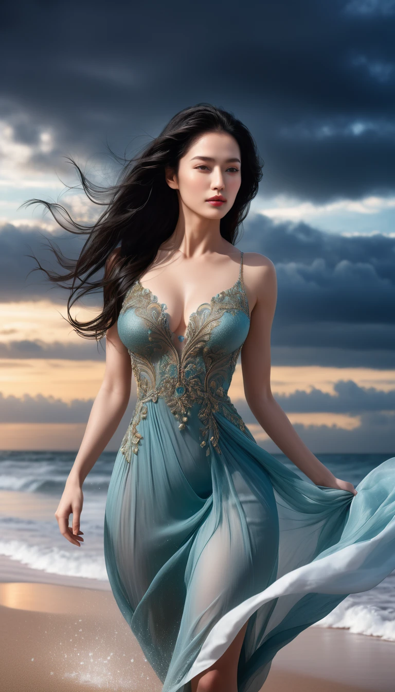 ((Masterpieces with up to 16K resolution:1.6)),Highest quality,it is really amazing,Very detailed,Ultra-high resolution,((Real:1.5)),((Realistic:1.5)),Increased depth of field,Cinematic Light,
Elegant mature woman,
Long black hair,((Exquisitely detailed face:1.5)),Translucent white skin,Very sensitive skin,Great proportions,Anatomically correct body,
elegant beach dress,Artistic design,Beautiful and detailed pattern,Luxurious jewellery decoration,Detailed fabric texture,
Coastal landscape at dusk,Dark clouds and dark sky,delay々Continuing sandy beach, Deserted Beach,Dark sea surface,
(Dramatic Angle:1.6),