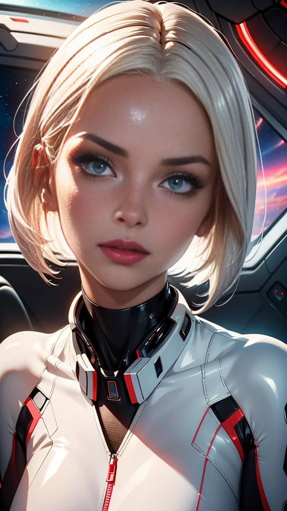 (nsfw), Hyper-realistic and highly detailed, this image showcases a young, seductive woman with short, platinum blonde hair, adorned in provocative clothes. She is seated in a sleek, futuristic spaceship seat, with a captivating view of a stunning, star-Studded sky outside the window. Her intense gaze is fixed on an unseen point, her lips parted in a subtle smile, revealing perfectly shaped, glossy red lips. Her skin has a healthy glow, accentuating her youthful beauty. The lighting is cinematic, casting dramatic shadows and highlighting her curvaceous figure. The spaceship interior is impeccably detailed,