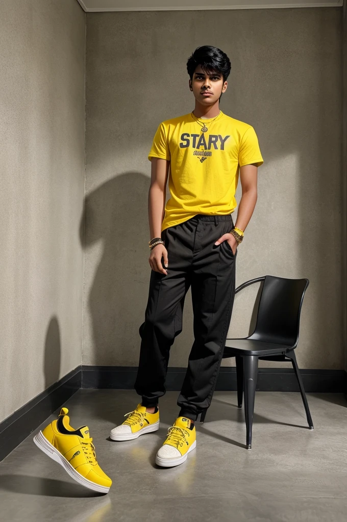 18-year-old Indian boy Modern black outfit with matching shoes Black chair with yellow accents Modern design with gray walls and floor "Chandan Lala" in large bold letters