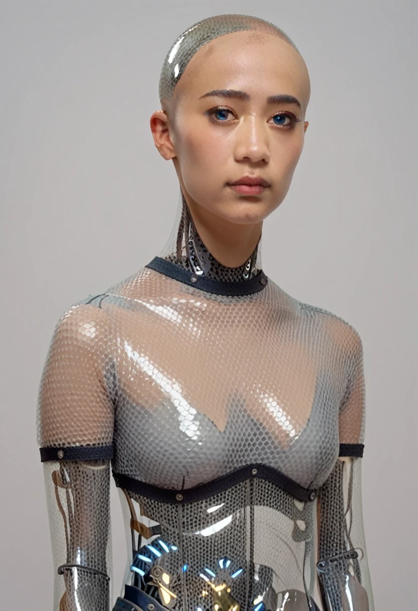 ava, asian portrait with blue eyes, android, transparent skin parts, looking at the viewer, waist, gray bodysuit, bald, score_9, score_8_up, score_7_up, score_6_up, score_5_up, score_4_up