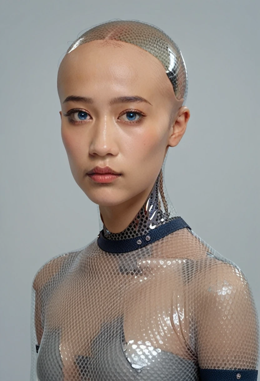 ava, asian portrait with blue eyes, android, transparent skin parts, looking at the viewer, waist, gray bodysuit, bald, score_9, score_8_up, score_7_up, score_6_up, score_5_up, score_4_up