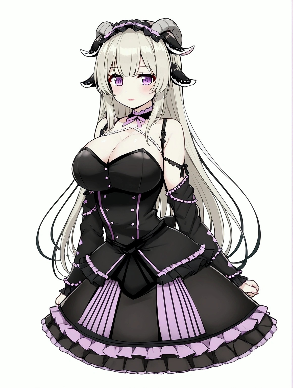 beautiful girl, long hair, Golden white hair, purple eyes, Goat ears, , , Lolita dresme girl, pinkish red lips, Turn Left,Goat Girl