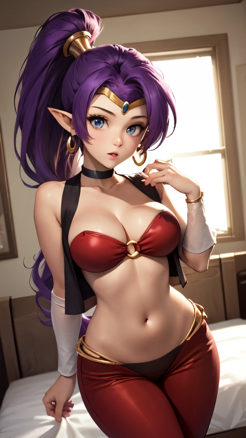 masterpiece, best quality, highres, 1girl, solo, scenery, looking at viewer, 
GAME_shantae_ownwaifu,long hair,purple hair,shantae,www.ownwaifu.com,dark skin,breasts,jewelry,earrings,very long hair,pointy ears,dark-skinned female,hoop earrings,pants,blue eyes,navel,ponytail,bracer,tiara,choker,cleavage,harem pants,bare shoulders,bandeau,o-ring,collarbone,o-ring top,red pants,midriff,forehead jewel,vest,black choker,large breasts,see-through,vambraces,high ponytail,thick thighs,circlet, girl lying on bed, 1boy, pov, missionary, pov making out on the girl, 