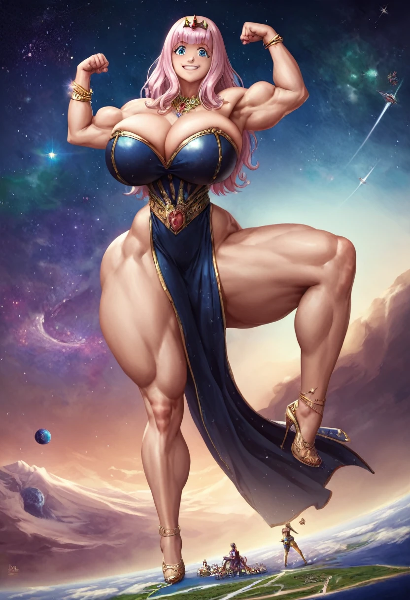 detailed, masterpiece, best quality,
1girl, score 9, score 8 up, score 7 up,

narrow waist, huge breasts, wide hips, huge ass, thick thighs, 

fujiwara chika, smug, (goddess), giantess, muscular, jewelry, cleavage, space, nebula, flexing, floating, full body