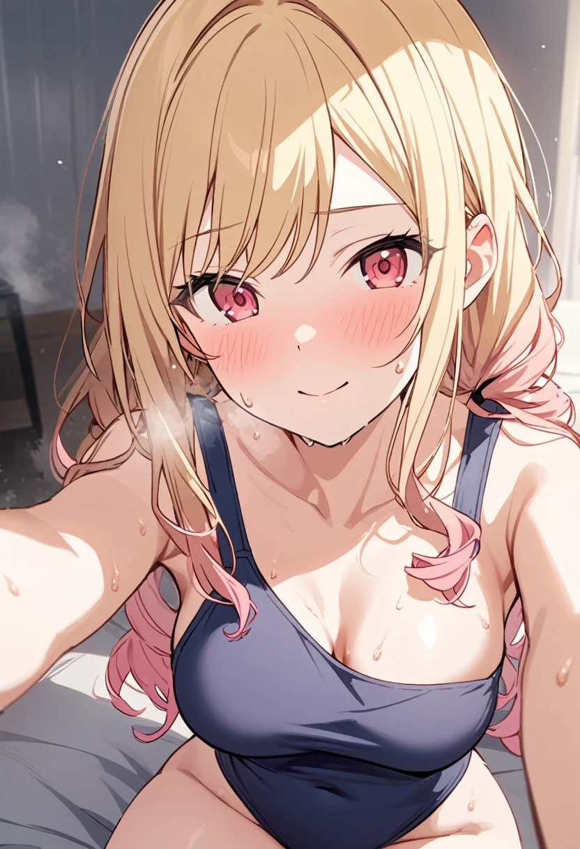 Generate an image of Honami Mochizuki from Project Sekai. She is a high school student with long, straight hair in a blonde color.,with a slight curl. Her side hair is shorter and also slightly curled.Often, has big, gentle red eyes and a warm, friendly expression.nsfw,steam,small breasts,sweat,1girl,Gradient with pink tips,close to viewer,Twin tails,Selfie,full body, navy bikini,from below,Sitting