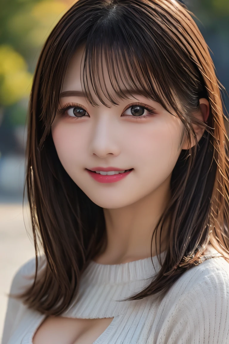 8K、Highest quality、(beautiful)、Precision Eyes、Brown Hair、looking at the camera、Upper Body、Soft Breasts、smile、cardigan