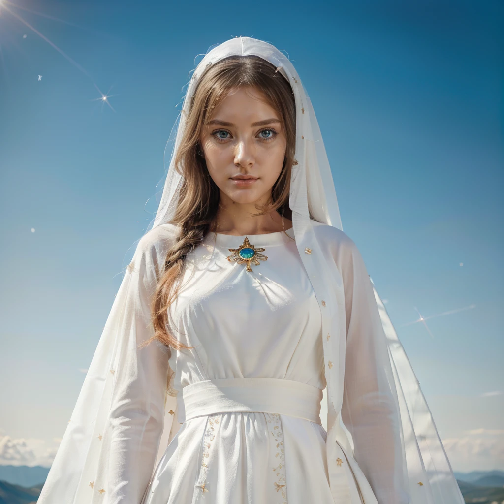 (((Blessed Virgin Mary))) light, Masterpiece, (The best quality: 1.2), (super fine: 1.2), illustration, (extremely delicate and beautiful: 1.2), movie angle, floating, (Beautiful eye of detail: 1.1), (light detail: 1.1), Movie Lights, delicate sky, blue eyes, (High ponytail: 1.1), layer, Ojuelos, starry sky, (light particles: 1.1) drawing, flower. (Masterpiece), (The best quality), (photorealistic:1.3), 8k, Detailed skin texture, Detailed fabric texture, beautiful detailed face, intricate details, ultra detailed (full body body:1.2)