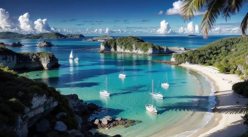 There are boats floating in the water on the shore, Crystal clear sea, crystal clear blue water, clear blue water, Turquoise water, azure water, crystal clear water, Caribbean turquoise waters, Turquoise ocean, azure blue water, Clear water, tropical ocean, Clear ocean, Blue waters, Photos of the ocean, Beautiful ocean, Azure Ocean,hentail realism、Seagull K