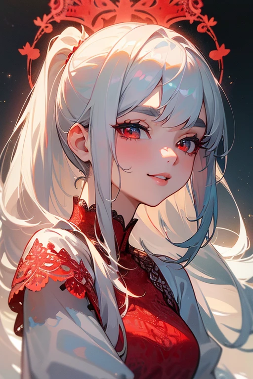 (Highest quality, masterpiece:1.2), (High resolution, 最高masterpiece).(difficult).Very detailed, Realistic:1.37, Fantasy, An illustration,Gray Hair、 Red eyes、Queen, White and blue dress、beautifully、Eyeshadow Red、Thick eyebrows、Long eyelashes、pupils are black、shiny on the lips、Top Sites、Queen、Princess、A kind smile、Show your teeth a little and smile、Soft impression、people々々々々々Loved by、(Slimming the face).Shoulder Bare、ponytail、Kissing Face、Long white hair、Shaggy Bangs、(Save face image).((Red lace dress))、((turn around))、