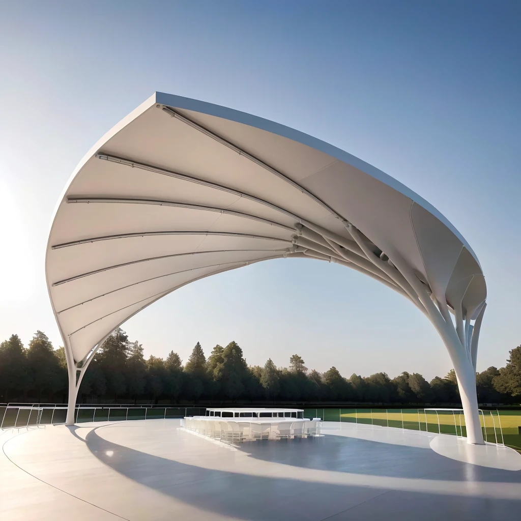 There is a huge white structure，There are tables and chairs below, Covered outdoor stage, overhead Canopy, Web portals. Zaha Hadid, Award-winning shadows, tent architecture, pavilion, Canopies, Canopy, In the shade, in style of Zaha Hadid architect, Zaha Hadid architecture, Awesome Award Winning, foster and partners, author：Zaha Hadid, Sports Palace Amphitheater