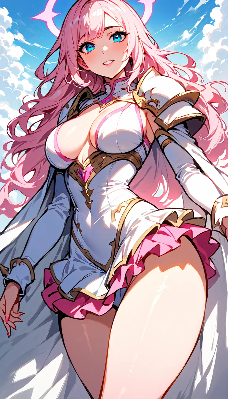 (high quality, 8k, 4K, high contrast, artwork:1.2, high quality, best aesthetics), (centered), ((1 woman)), erotic, sensual, mature body, super detailed, beautiful face detailed, beautiful eyes detailed, detailed beautiful mouth, sexy body, perfect breats, perfect wide thighs, (light pink hair, long light pink hair, wavy light pink hair), (blue eyes), (white medieval armor with pink details), (pink ruffed skirt), (shoulder pads), (cleavage on breasts), (medium breasts), (long white cape), (pink angel halo), (calm expression), (standing), (looking at the viewer), (above the clouds), (clear blue sky), (front view)