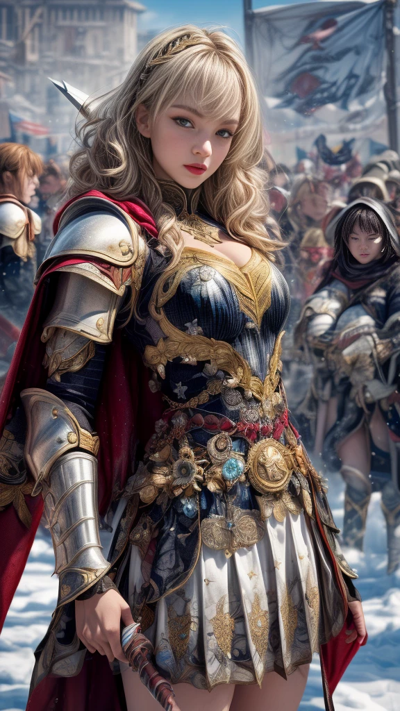 Very beautiful woman、Slender women、(Detailed face)、Realistic Skin、((Holy Knight)), ((Pearl White Armor))、((((A black armor with extremely detailed and intricate decoration.:1.1))))、((Delicate photo)),(Girl Astepeace RAW Photo Details:1.25), (Highest quality:1.6), (Ultra-high resolution:1.5), (Realistic:1.75), 8K resolution, Canon EOS R5, 50mm, Absurd, Super detailed,Cinema Lighting,((Fightfield))、((Fight))、(((White skirt with embellishments)))、Thigh-high socks、Shingard、((blonde))、((Curly Hair))、((Drill Hair))、((Short hair with bangs and wavy hair,))、Get a six pack、Cape、Beautiful Armor、(((Has a huge weapon)))、(In combat)、The wind is blowing、((Symmetrical armor))、((((Blizzard))))、(((Lead a large group of knights:1.2)))、banner、(((Battle Scenes)))、((Browsing Caution:1.2))、