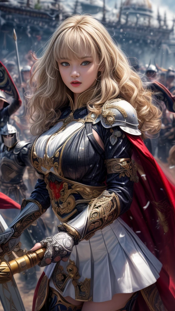 Very beautiful woman、Slender women、(Detailed face)、Realistic Skin、((Holy Knight)), ((Pearl White Armor))、((((A black armor with extremely detailed and intricate decoration.:1.1))))、((Delicate photo)),(Girl Astepeace RAW Photo Details:1.25), (Highest quality:1.6), (Ultra-high resolution:1.5), (Realistic:1.75), 8K resolution, Canon EOS R5, 50mm, Absurd, Super detailed,Cinema Lighting,((Fightfield))、((Fight))、(((White skirt with embellishments)))、Thigh-high socks、Shingard、((blonde))、((Curly Hair))、((Drill Hair))、((Short hair with bangs and wavy hair,))、Get a six pack、Cape、Beautiful Armor、(((Has a huge weapon)))、(In combat)、The wind is blowing、((Symmetrical armor))、((((Blizzard))))、(((Lead a large group of knights:1.2)))、banner、(((Battle Scenes)))、((Browsing Caution:1.2))、(((I can see her panties:1.4)))、、((Skirt lift in the wind))