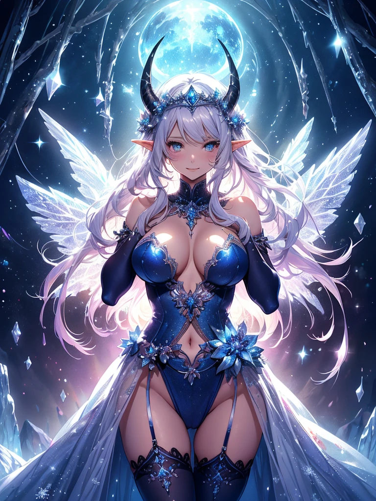 最high quality、最high quality、1 woman elf、Succubus、Stand against a wall(( cowboy shot ))((full body stocking))'((see-through body stocking))、Lots of giant snowflakes、Beautiful eyes、tears、Raise your arms behind your head、Beautiful decoration、、Ice tiara、Beautiful galactic light、A world made of ice、最high quality , Fractal Art.Ice Throne、ice World、Bikini、beautiful big ass、　((Laugh beautifully、))((Glowing ice　))SMqueen、Beautiful face、orgasm、Ecstasy、Beautifully decorated stockings、Devil's World、Ice crystals、Crystal of snow、Ice wall、ice World、Bigger on the front、 Beautiful shine,High-definition depiction, Realistic, 8K, Unity, Beautiful thighs,,Giant Devil's Wings、Rainbow-colored wings、、 light smile, Beautifully and vividly drawn, , beautiful beautiful透き通る肌、The magic of shining beautiful decoration、Giant horns、 demon king、、Beautiful decorationの角、 , beautiful、 Romanticism,mosquito。 The most beautiful form of chaos, Mr..々 Intertwined flowers, P article,Magical gentle light,smile,,image quality、masterpiece、Beautiful face、Super beautiful elf woman((Big breasted 22 year old office lady、Bust 120,Beautiful long ironed hair、Silver Hair、height: 165cm。、Esbian、、high quality、、Visual Arts、最high quality、1 woman elf NP: Worst quality ,beautiful Fractal Art　、、、light、Beautiful radiance,High-definition depiction, Realistic, 8K, Unity, , light smile, Beautifully and vividly drawn, , Beautiful, beautiful, clear skin、 Countless rays of light pouring down, Swirling Light, big background, , Intense light is emitted from the magic circle in front of the girl. Romanticism,Cowboy Shot: 最high quality　　