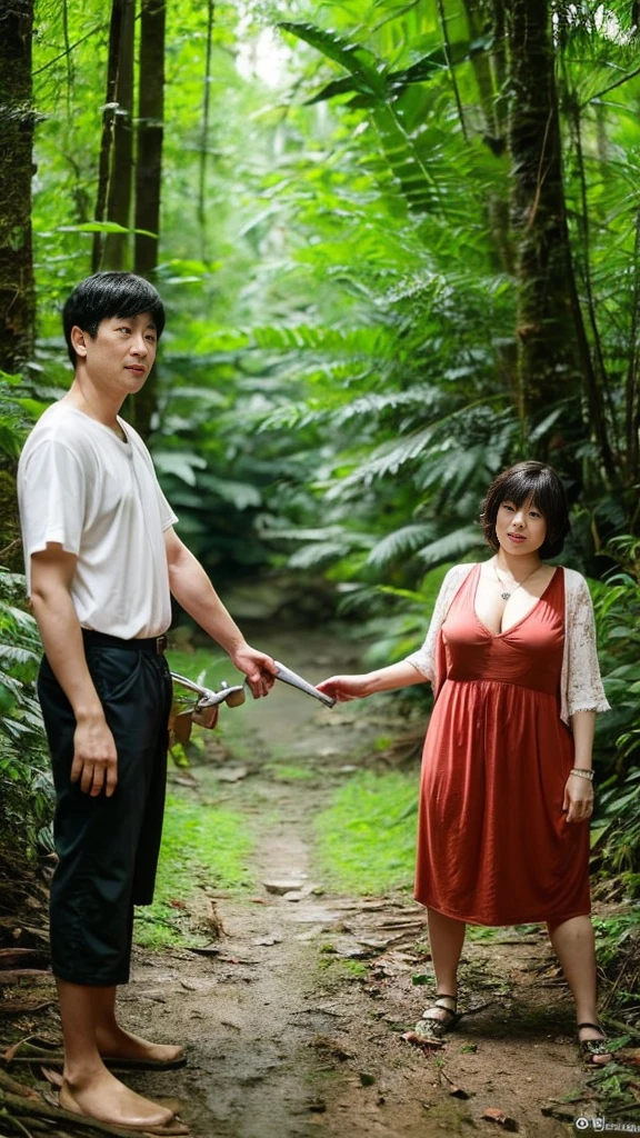 Couple doing Anal while take a piss in dense forest, big boob, short hair, black hair, jewelry, wet body, (masterpiece,best quality, real skin) 
