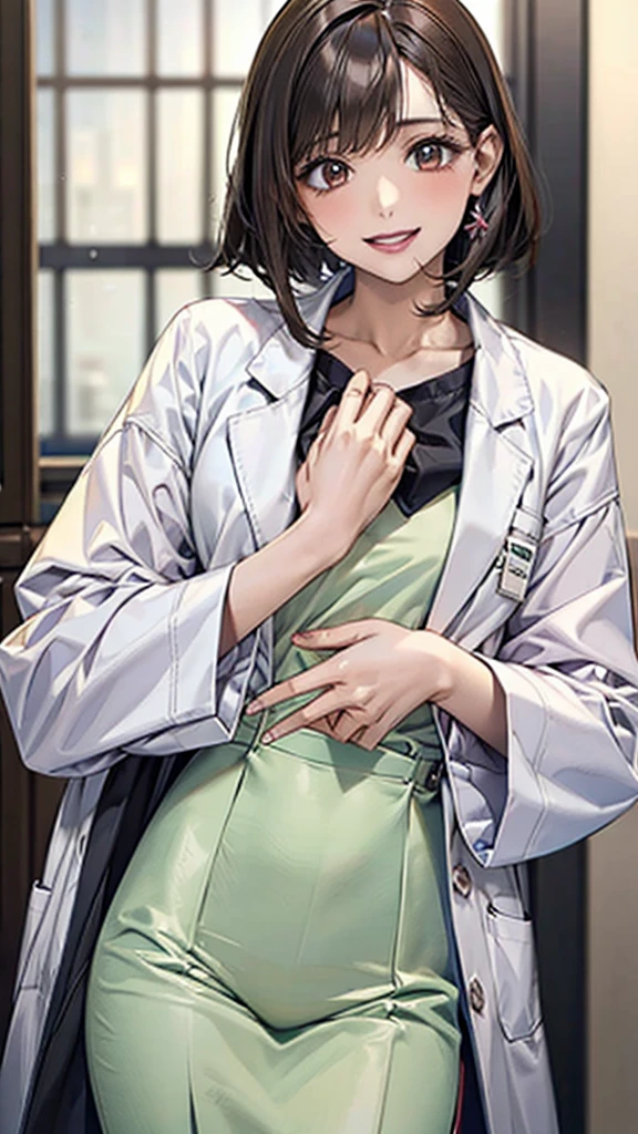 ((masterpiece, best quality, high quality)),1 girl, (Lower Body, hospital), (doctor_, lab coat,, doctor),breast,Lipstick,Smile,Brown eyes,Black short hair,There is no sea left in front of the forehead