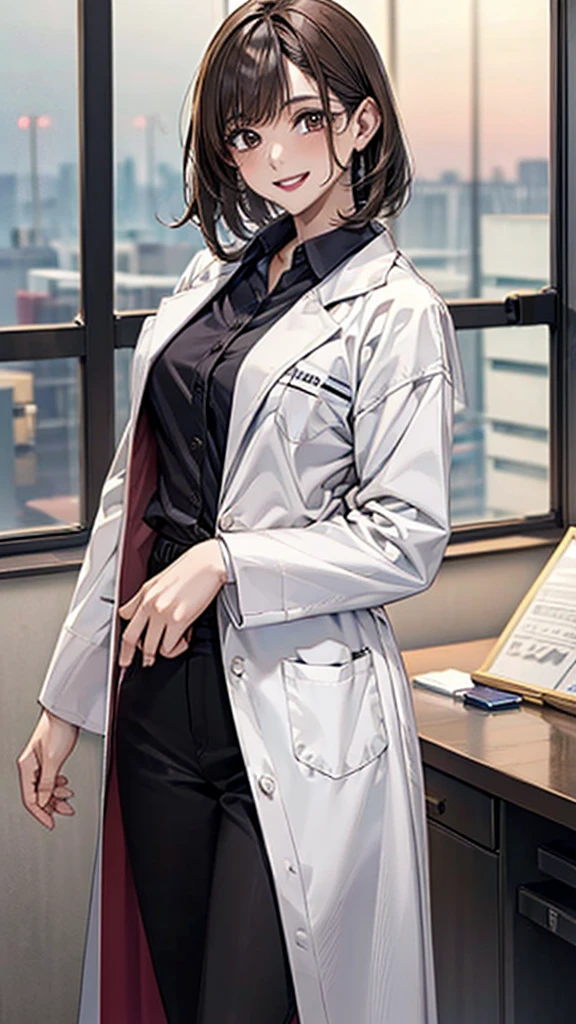 ((masterpiece, best quality, high quality)),1 girl, (Lower Body, hospital), (doctor_, lab coat,, doctor),breast,Lipstick,Smile,Brown eyes,Black short hair,There is no sea left in front of the forehead