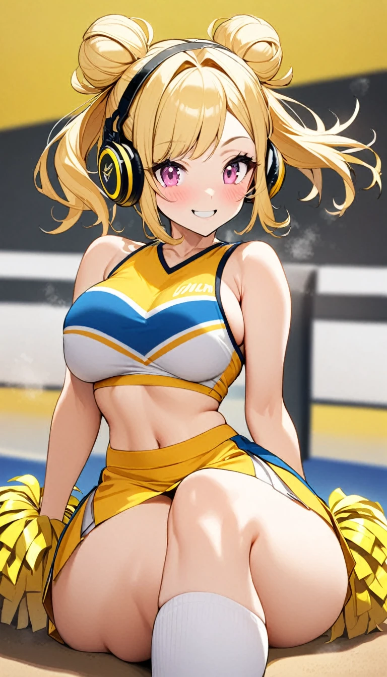 1girl,yellow double hair bun hairstyle,pink eyes,,black high waisted skirt , cheerleader,bright smile, perfect body,curvy,yellow headphones,