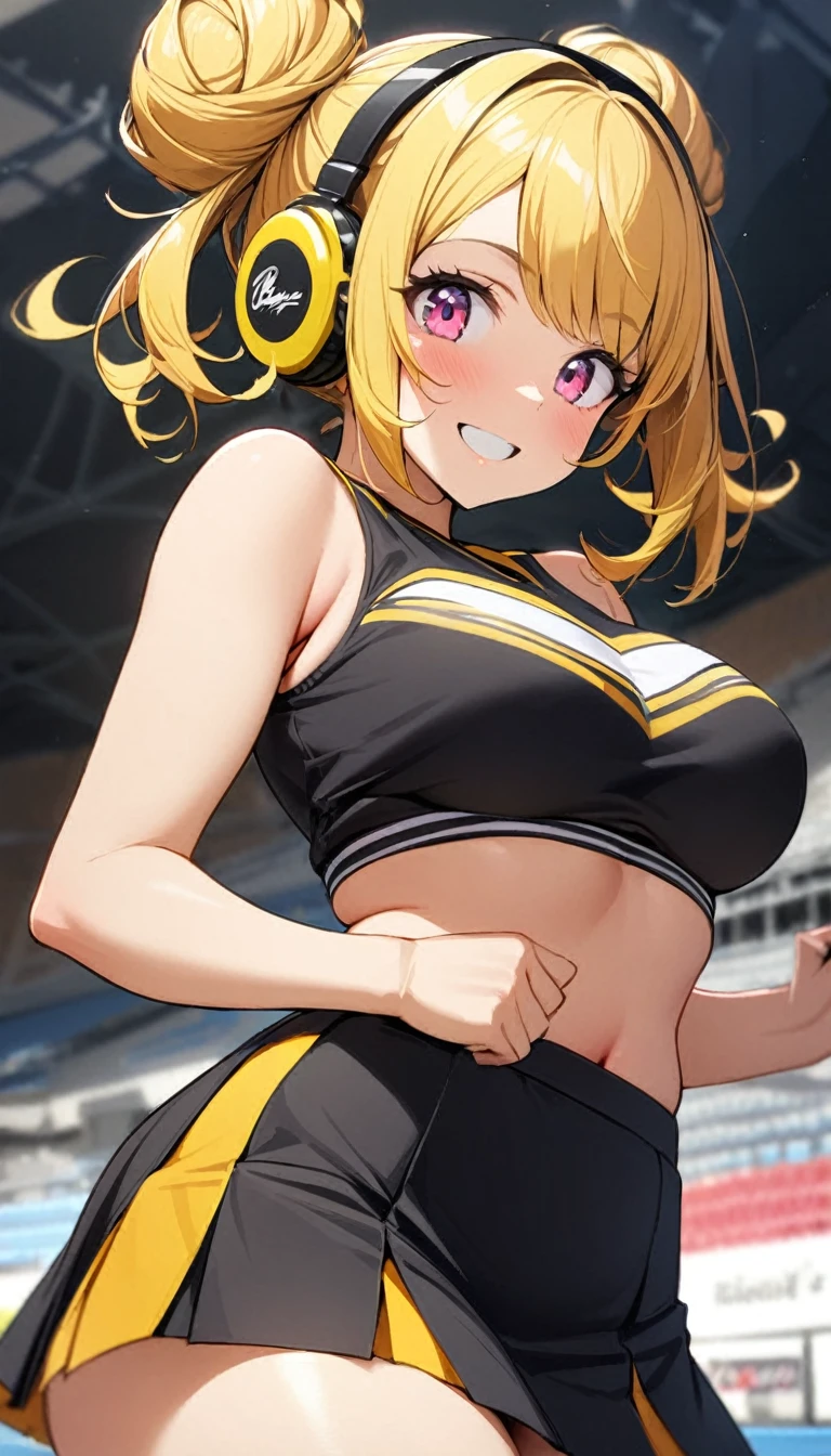 1girl,yellow double hair bun hairstyle,pink eyes,,black high waisted skirt , cheerleader,bright smile, perfect body,curvy,yellow headphones,