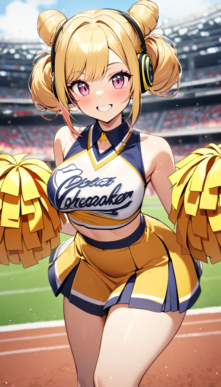 1girl,yellow double hair bun hairstyle,pink eyes,,black high waisted skirt , cheerleader,bright smile, perfect body,curvy,yellow headphones,