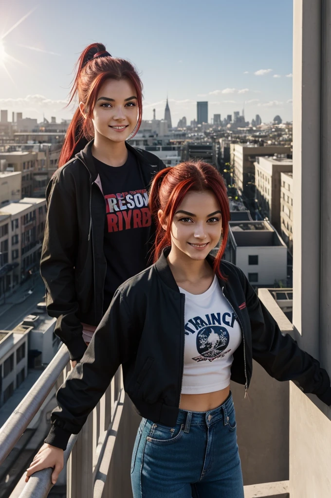 A dragon ball style ager with dark cherry red hair., green eyes, and a neutral look, along with a smile, standing on top of a building with sunlight behind her, The hair is tied in a low ponytail and is very messy.., he has dark circles under his eyes, she is wearing a navy blue jacket, black t-shirt and black jeans, muscular frame, she looks dangerous and threatening, has a tender smile.