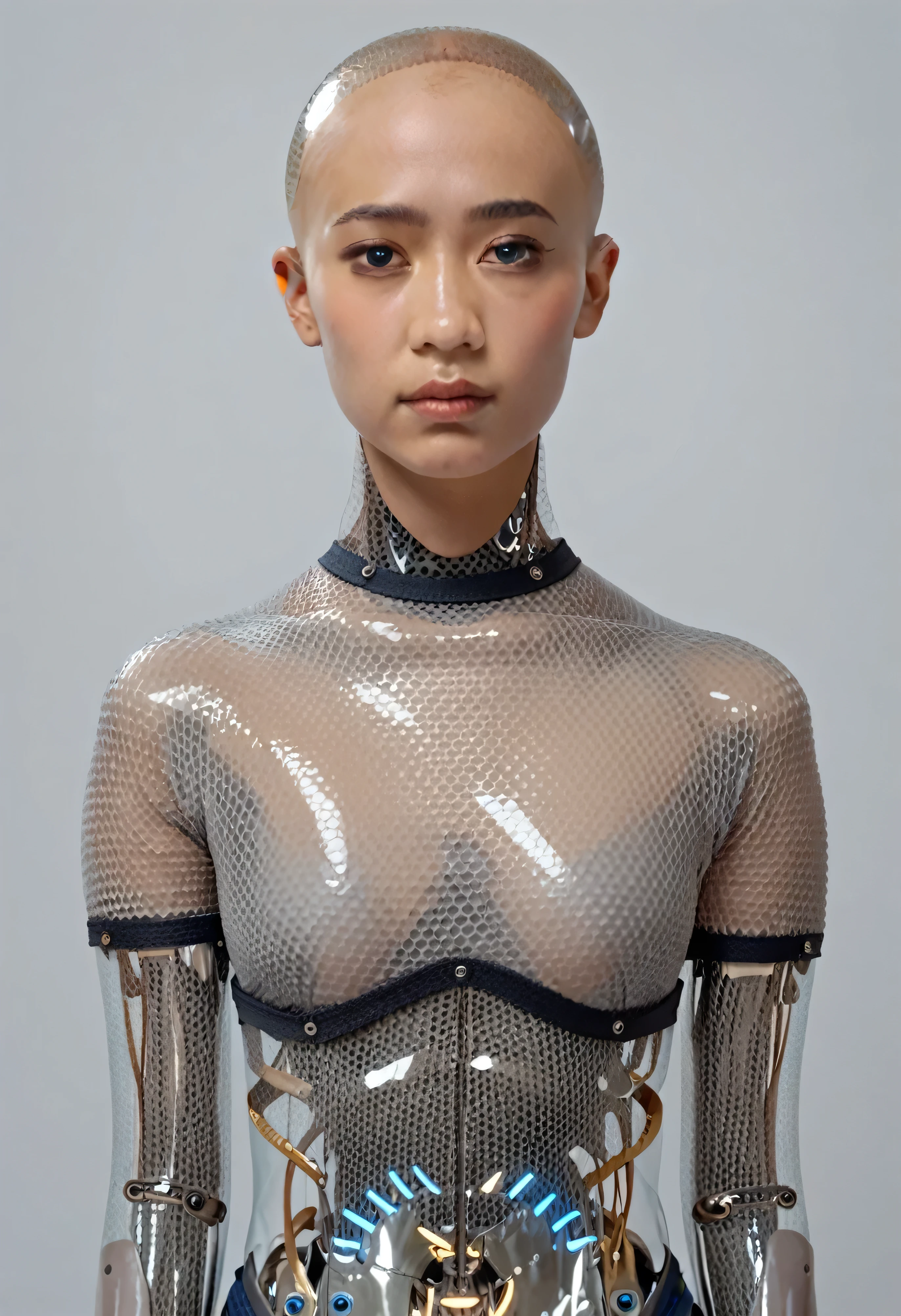 ava, asian portrait with blue eyes, android, transparent skin parts, looking at the viewer, waist, gray , bald, score_9, score_8_up, score_7_up, score_6_up, score_5_up, score_4_up
