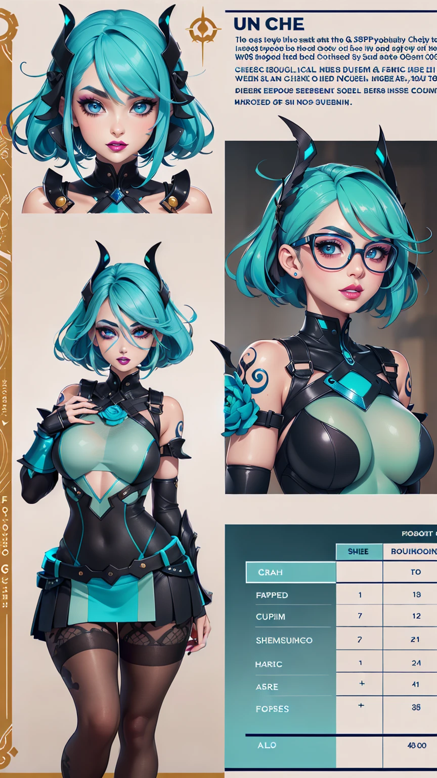 ((The concept character sheet of a strong, attractive, and hot alt lady wearing sexy biopunk armor)). Her face is oval, forehead is smooth and visibly rounded at the temples. jawline is softly defined, giving her a gentle and feminine appearance, ((sexy glowing alien armor, biopunk swords)), ((Masterpiece, Highest quality)), 8k, Detailed face (short hair faded and spiked, undercut hairstyle) (multicoloured hair) (green glowing eyes), light blue hair, pantyhose, stocking, Infographic drawing. Multiple sexy poses. tattoos, glasses, sexy biopunk skirt, sexy biopunk top